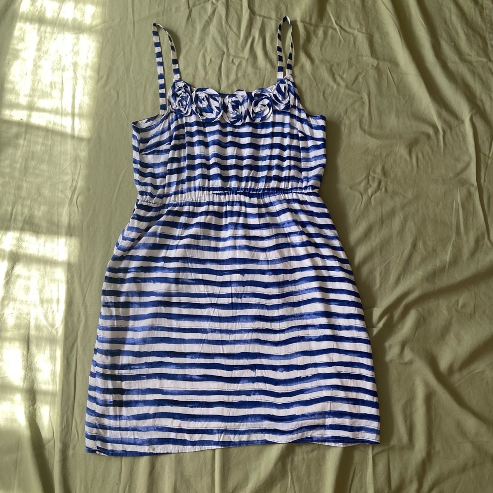 Size 14 Loft Blue Striped Dress with Spaghetti Straps & Fabric Flower Detail